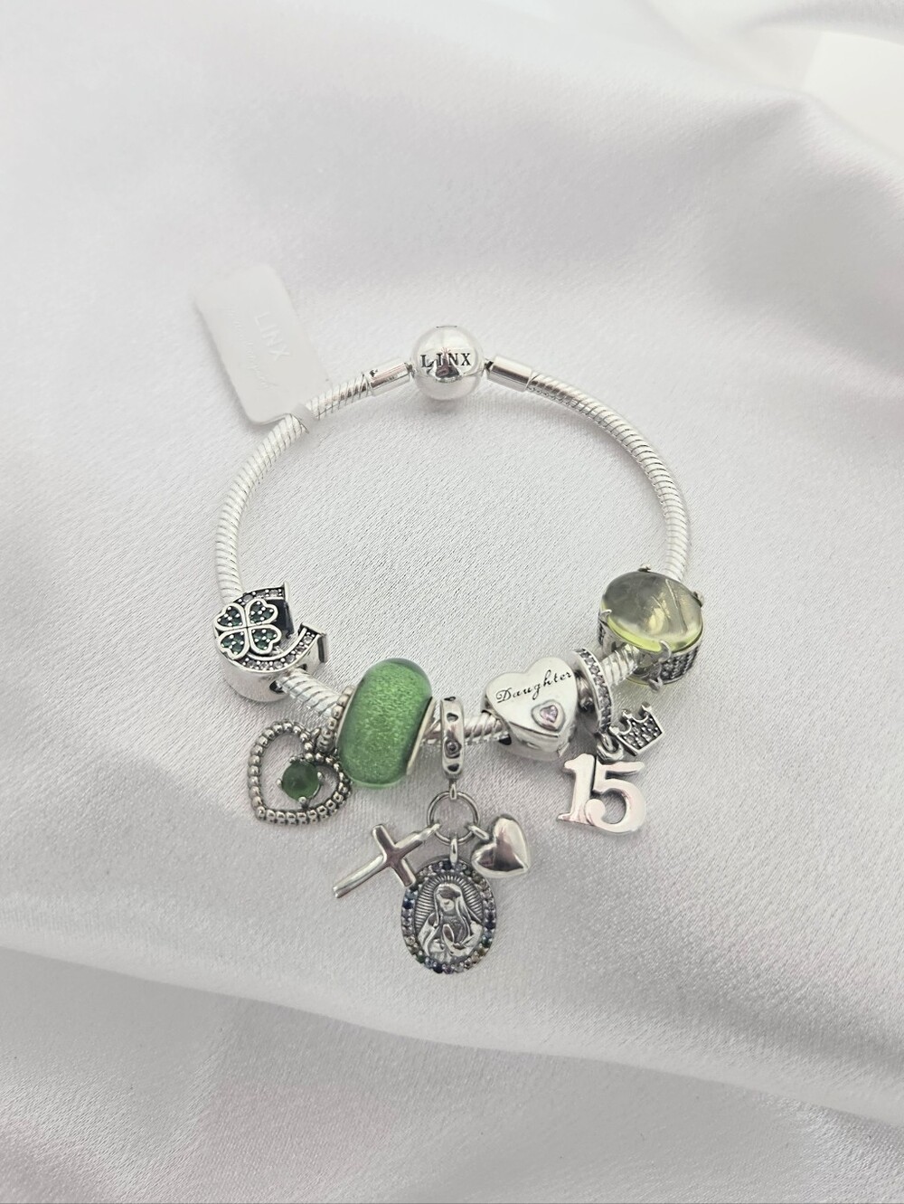 Linx Snake Chain Bracelet with Green Religious Quinceanera Charms